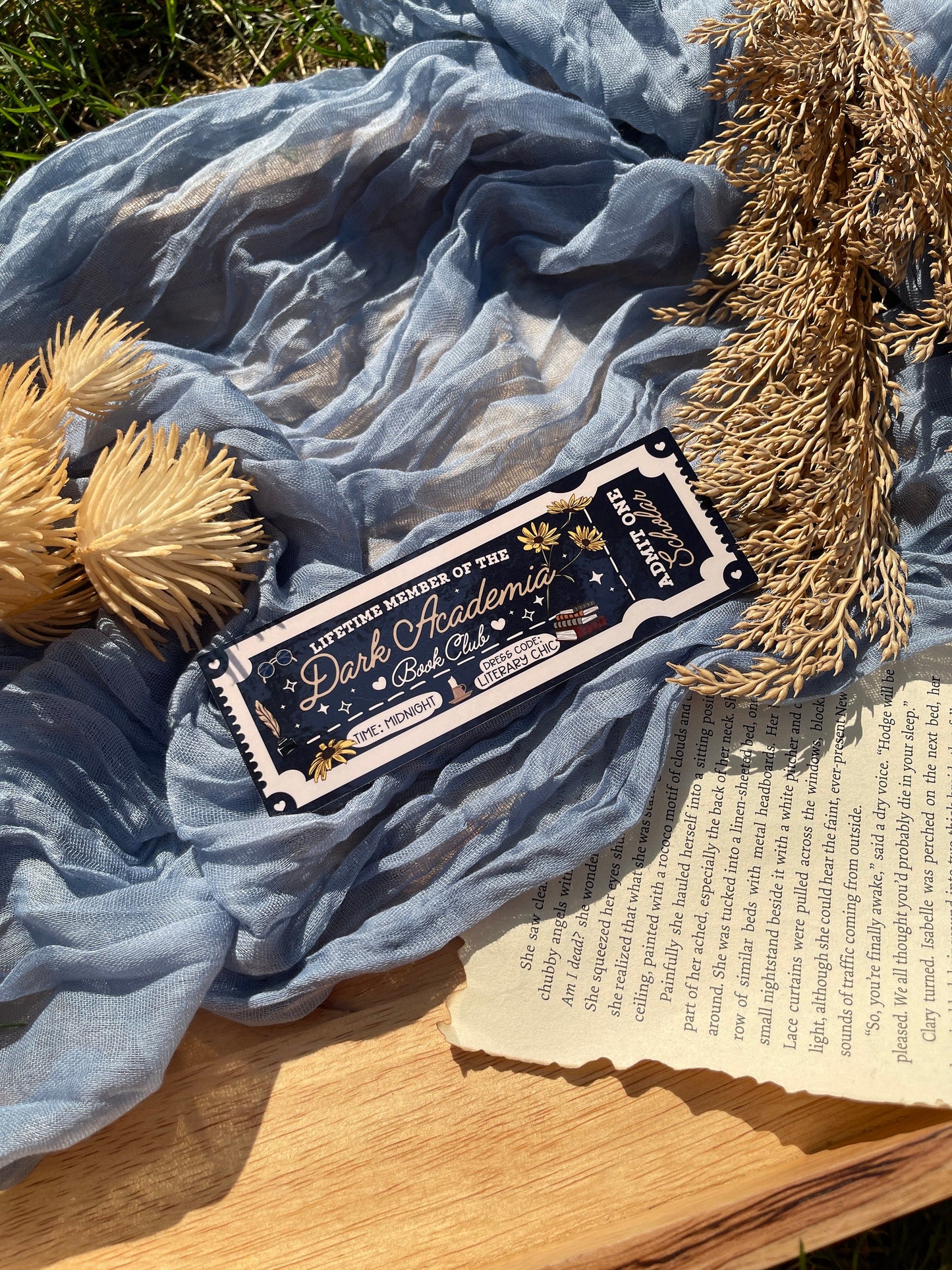 Dark blue dark academia bookmark. This is designed as an entry ticket with the words "lifetime member of the dark academia book club" made for booktok and bookstagram.