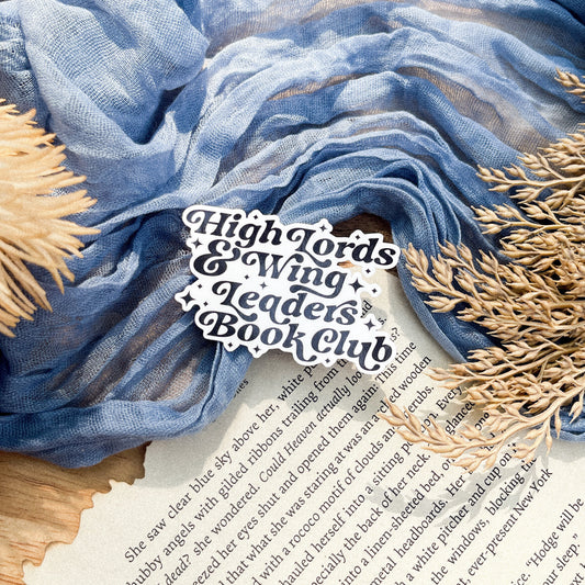 Simple text sticker with sparkles with the quote "high lords & wing leaders book club" inspired by ACOTAR and Fourth Wing