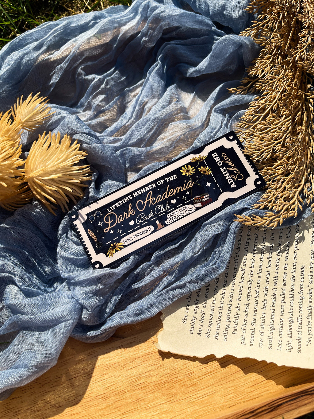 Dark blue dark academia bookmark. This is designed as an entry ticket with the words "lifetime member of the dark academia book club" made for booktok and bookstagram.