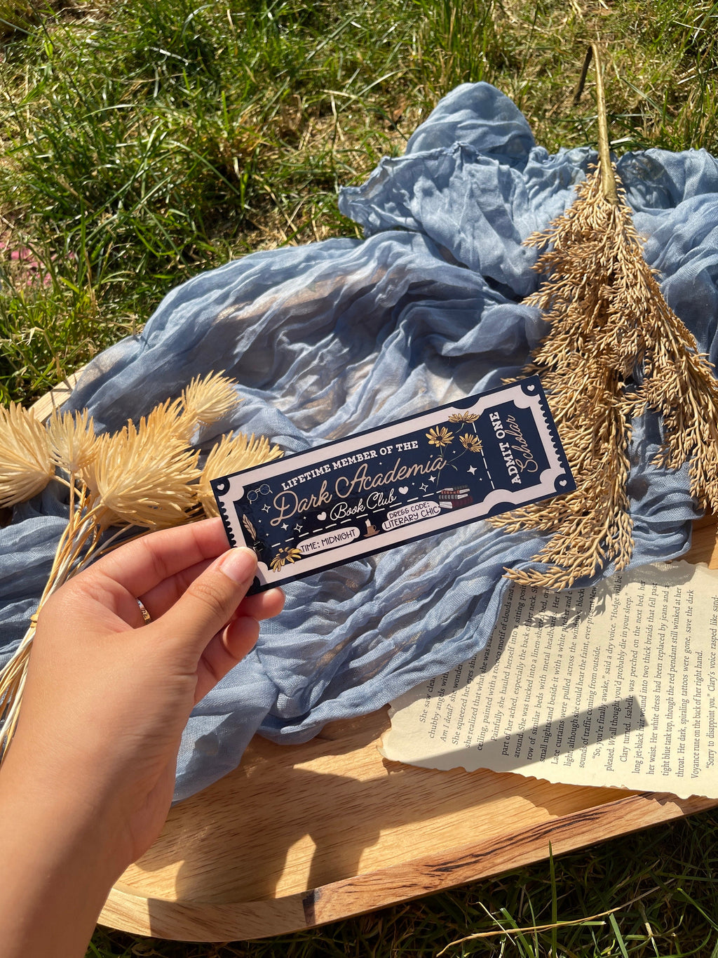 Dark blue dark academia bookmark. This is designed as an entry ticket with the words "lifetime member of the dark academia book club" made for booktok and bookstagram.