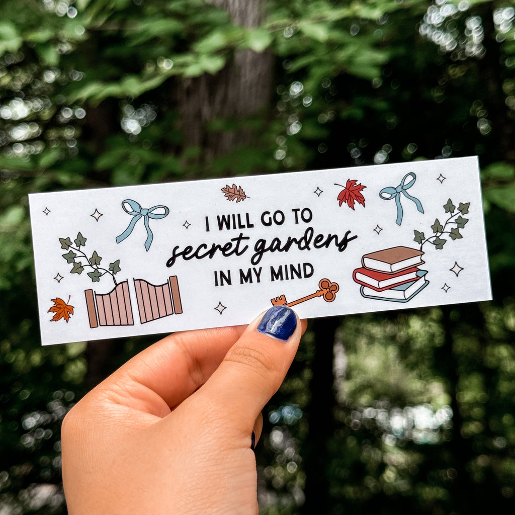 Aesthetic booktok bookmark with the lyrics "I will go to secret hardens in my mind" inspired by Taylor Swift's song "I Hate It Here" from TTPD. 