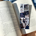 a pretty little liars inspired collage bookmark featuring various PLL icons from rosewood such as aria, hanna, alison, spencer, and emily.