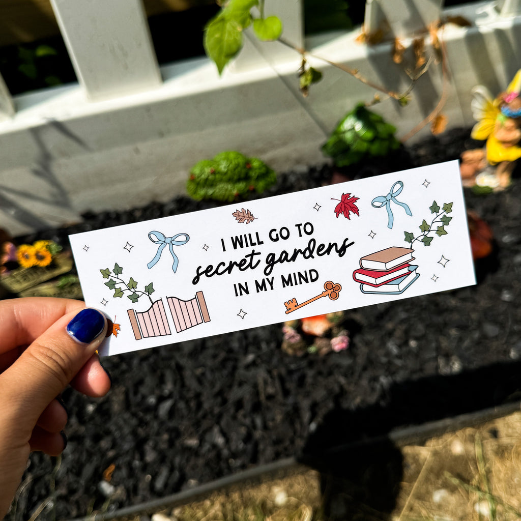 Aesthetic booktok bookmark with the lyrics "I will go to secret hardens in my mind" inspired by Taylor Swift's song "I Hate It Here" from TTPD. 