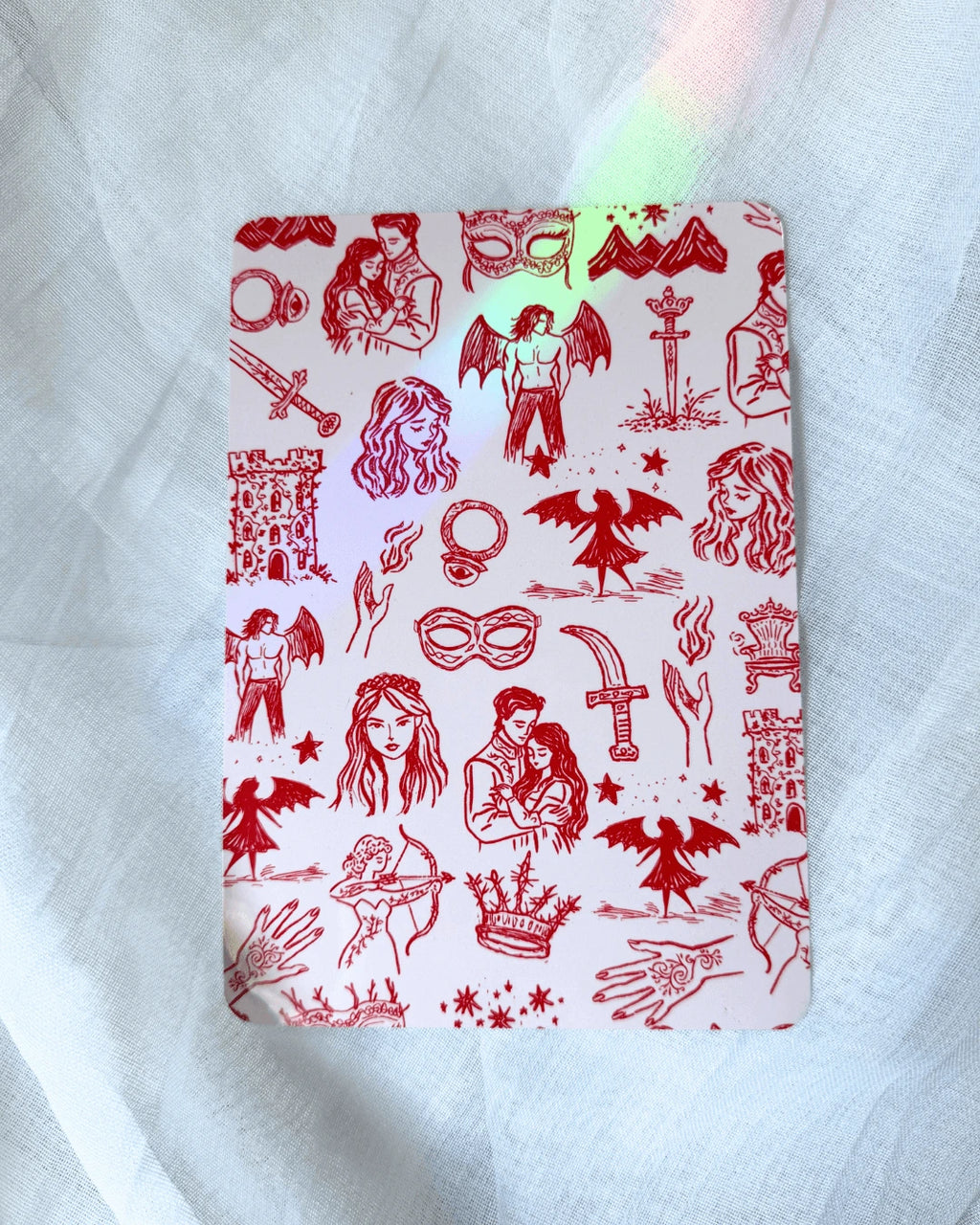 A pink kindle insert with a collage of romantasy, acotar inspired illustrations.