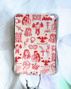A pink kindle insert with a collage of romantasy, acotar inspired illustrations.