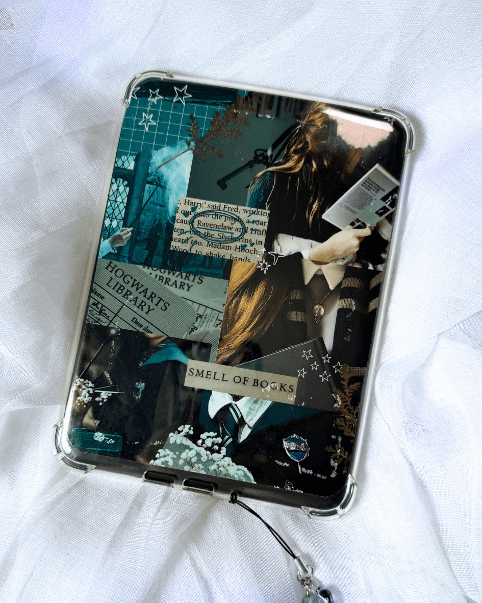 A kindle insert with a harry potter ravenclaw inspired collage.