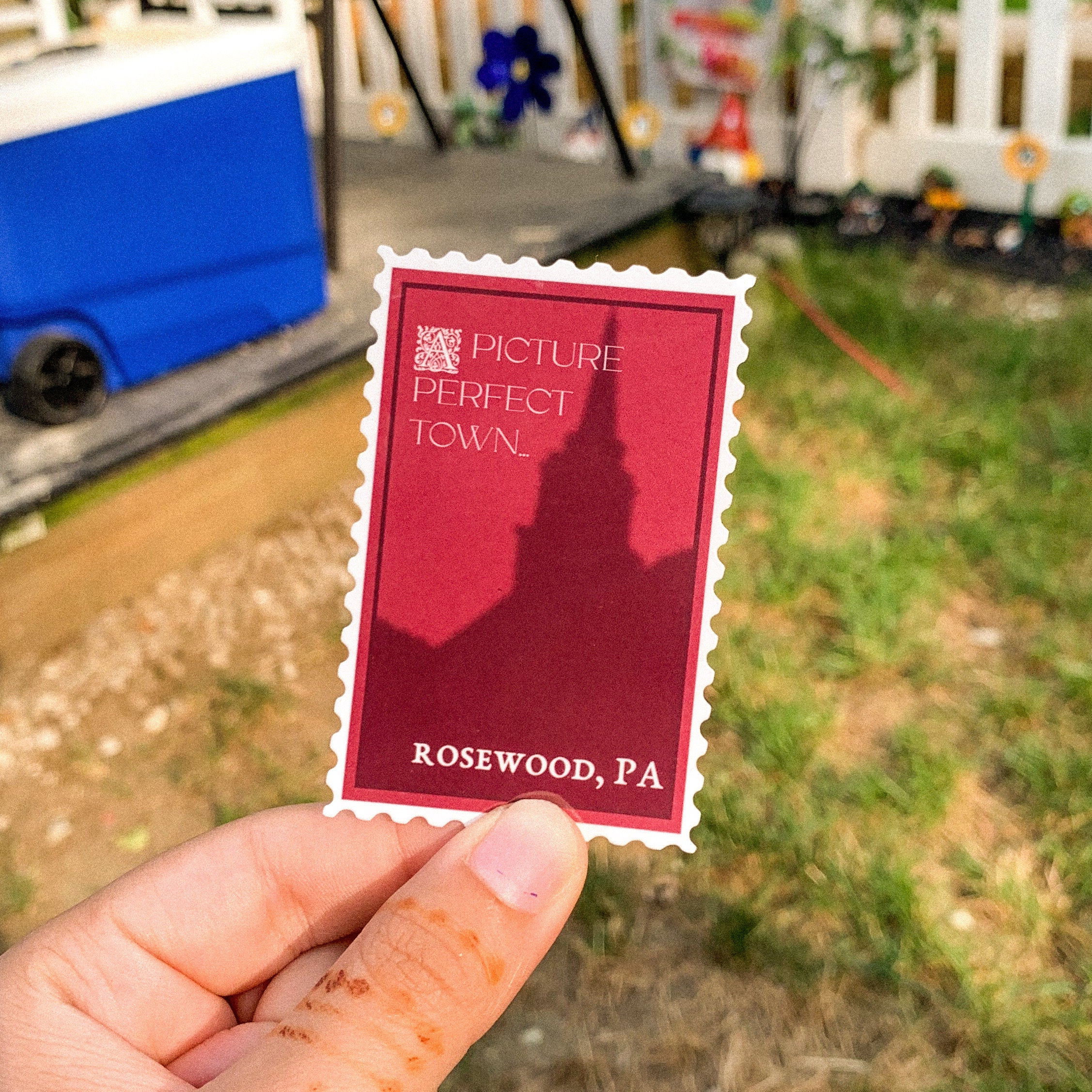 Postage stamp inspired sticker for Rosewood, PA from Pretty Little Liars.