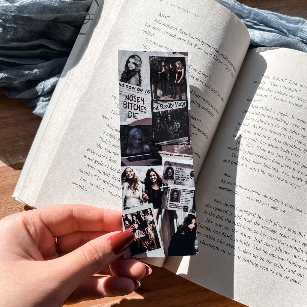 a pretty little liars inspired collage bookmark featuring various PLL icons from rosewood such as aria, hanna, alison, spencer, and emily.