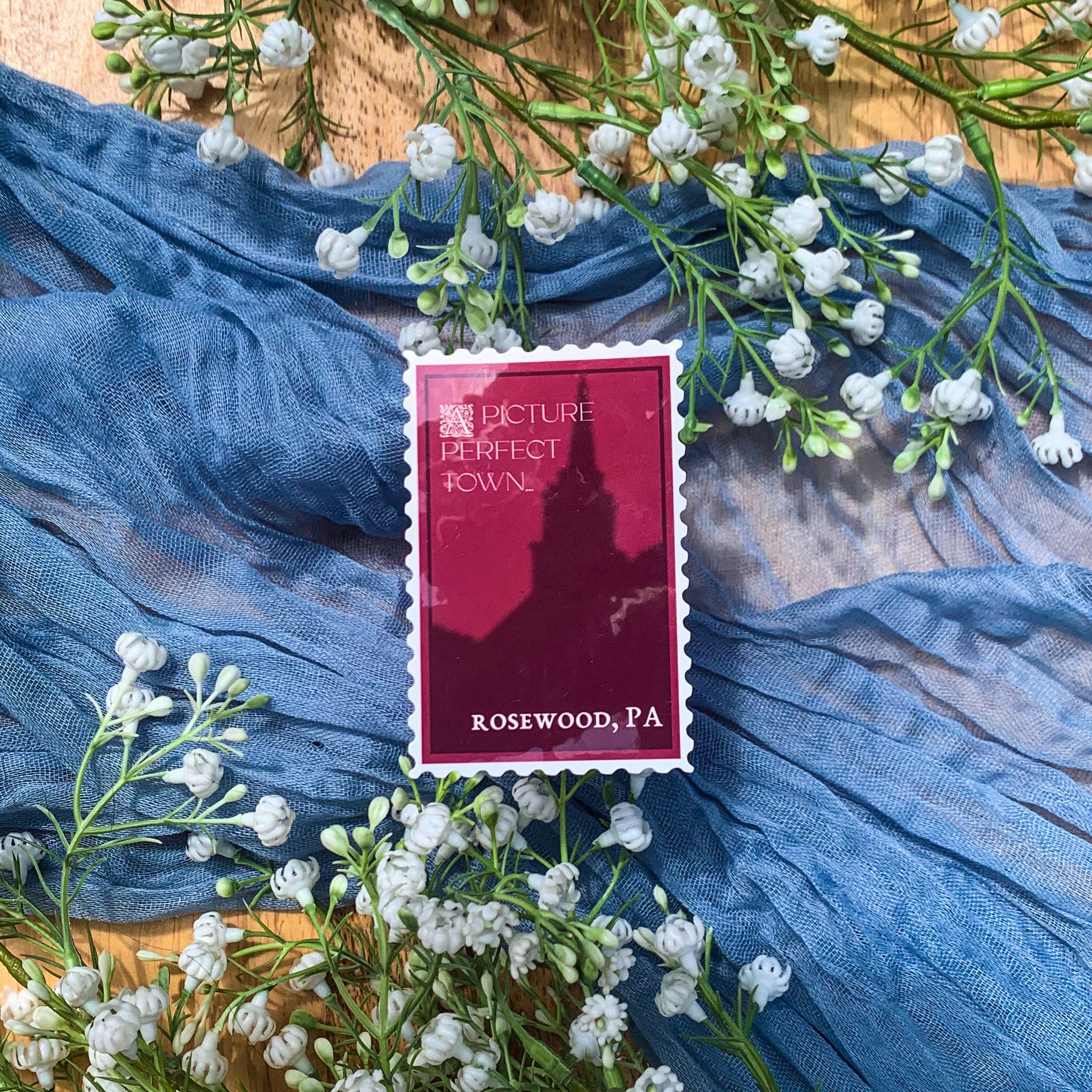 Postage stamp inspired sticker for Rosewood, PA from Pretty Little Liars.