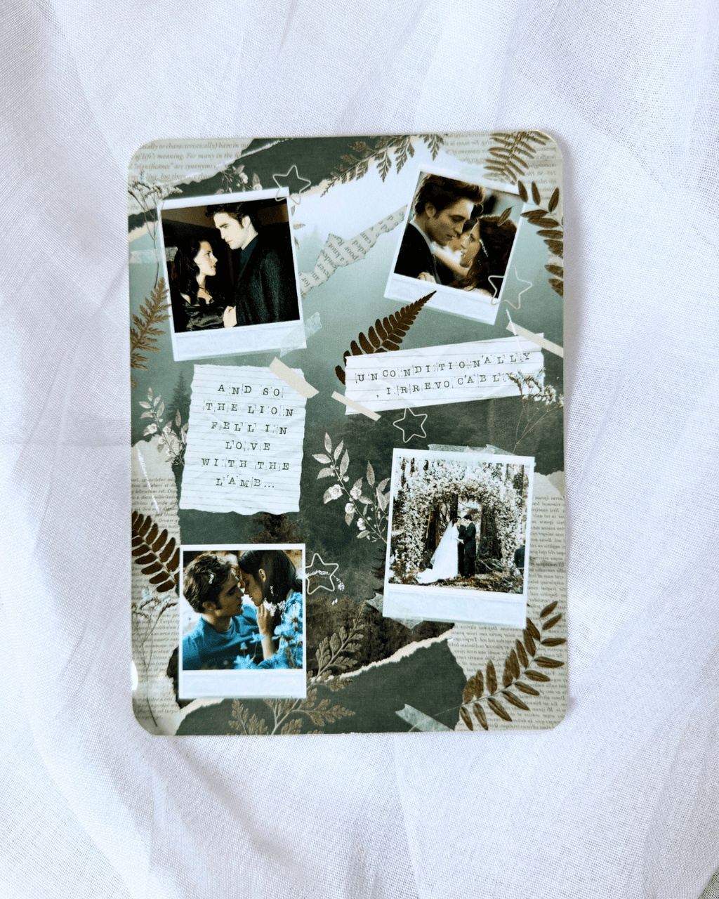A kindle insert featuring a collage of twilight photos, plant, quotes, etc.
