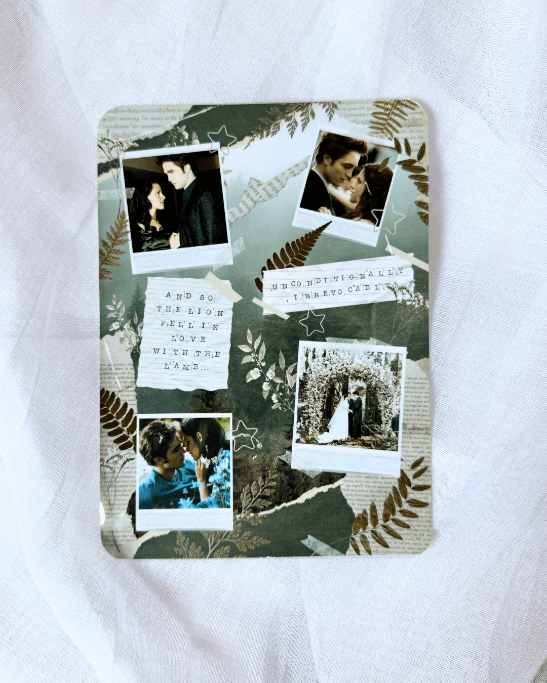 A kindle insert featuring a collage of twilight photos, plant, quotes, etc.
